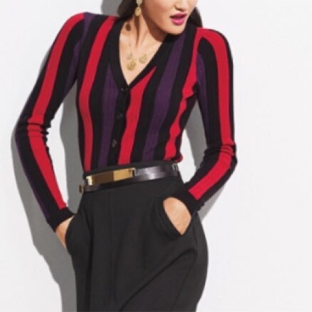 CAbi Women's V-Neck Sweater - Red and Black Stripes